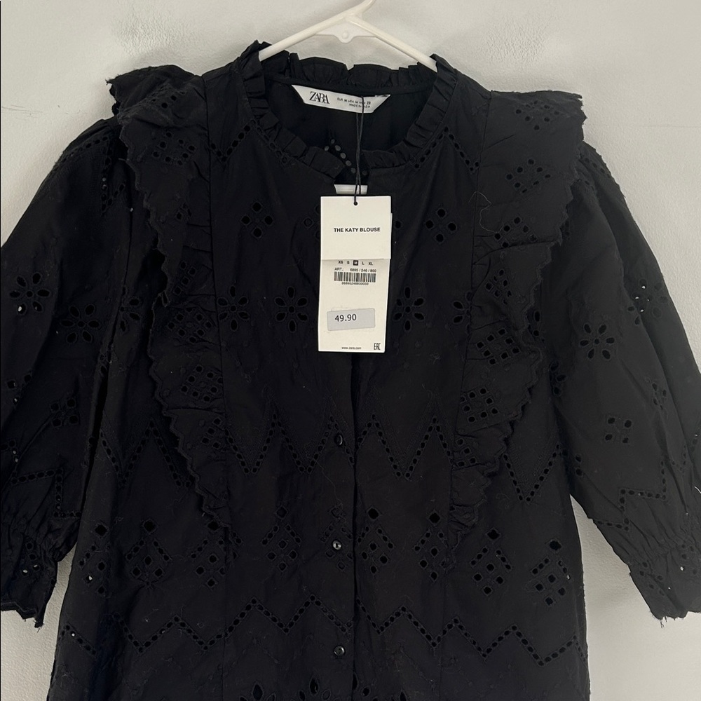 Zara The Katy Blouse Black Eyelet Ruffle Top - Picture 3 of 4